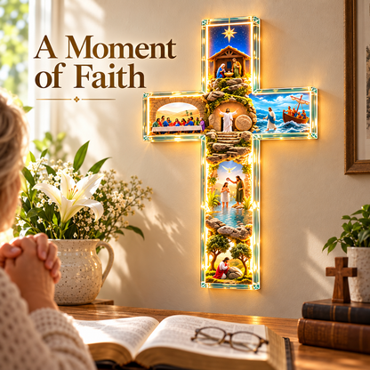 🙏✝️ The Story of Jesus LED Cross Lamp ✨ 6 Biblical Scenes & Meaningful Christian Gift❄️