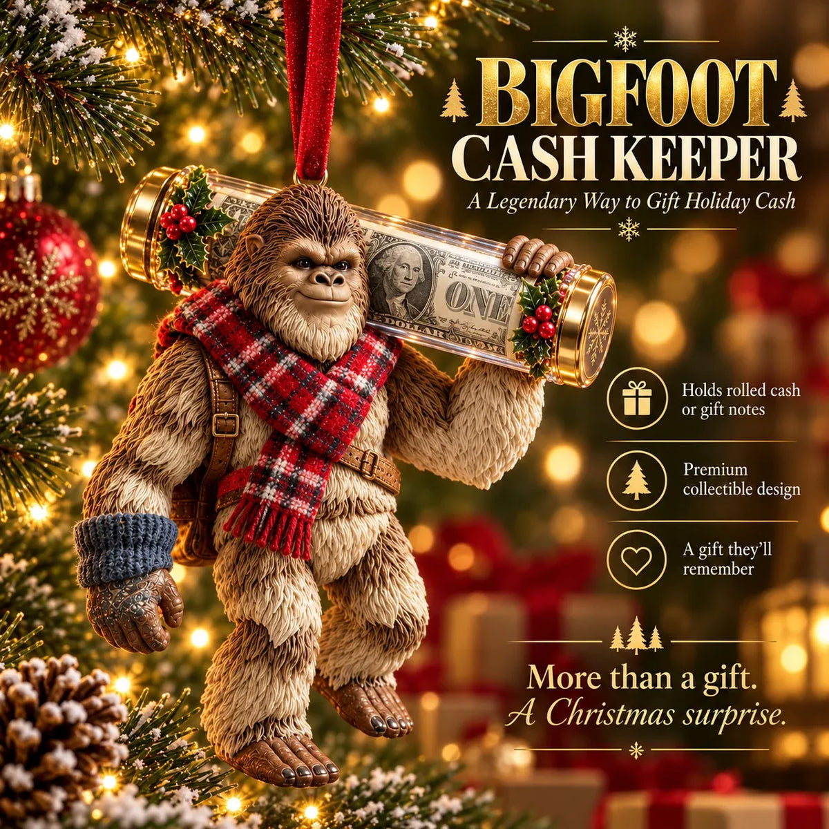 🎄👣 Bigfoot Cash Gift Ornament – 15 Holiday Styles