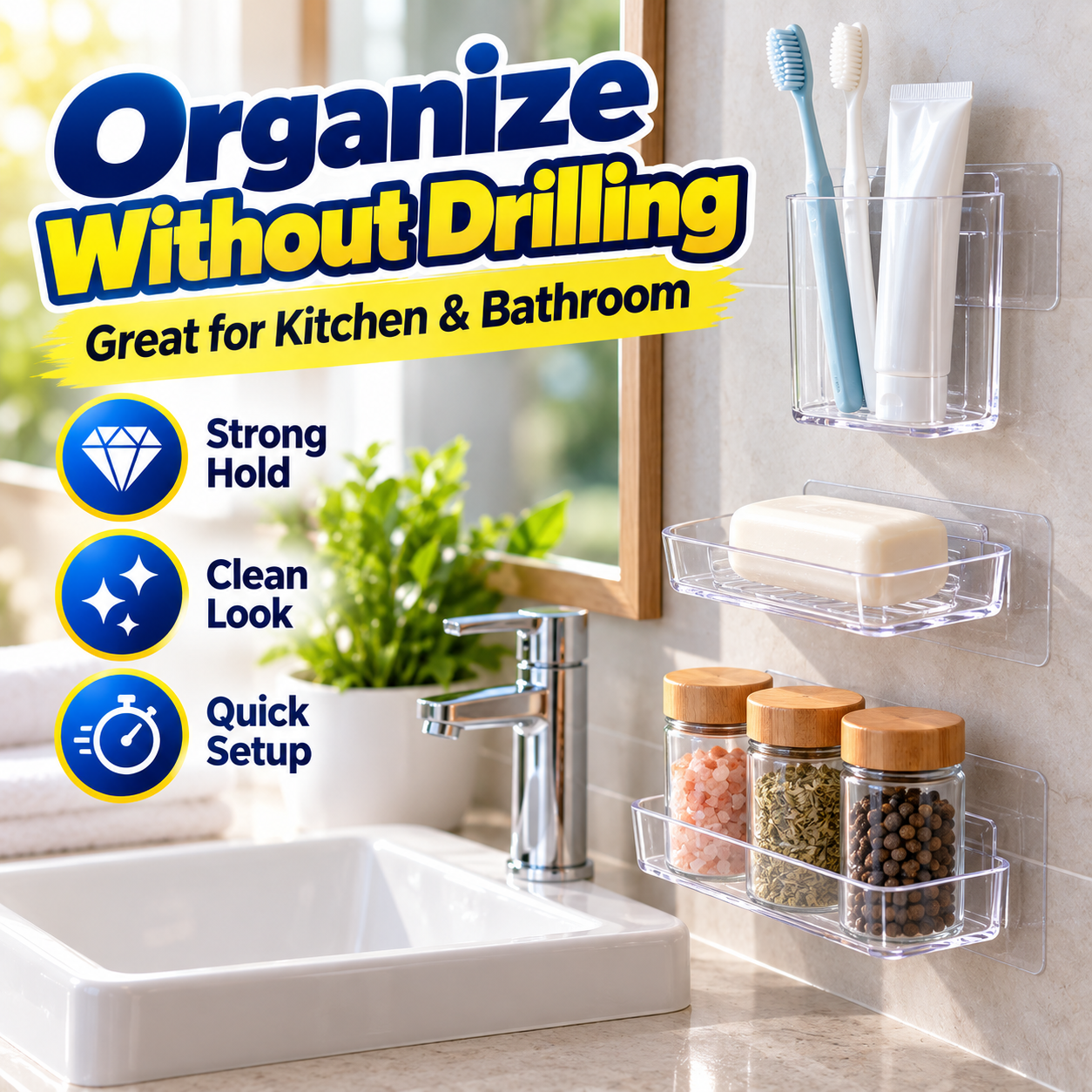 Nano Tape bathroom and kitchen organization