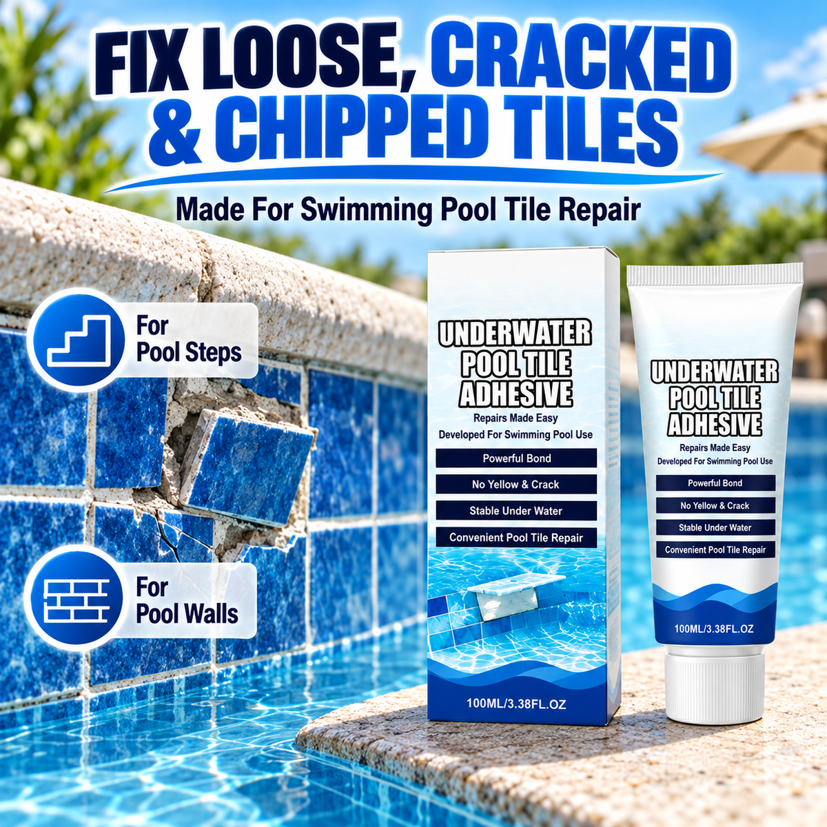 🔧 Pool Tile Repair Adhesive-Fix Loose & Cracked Tiles🍀