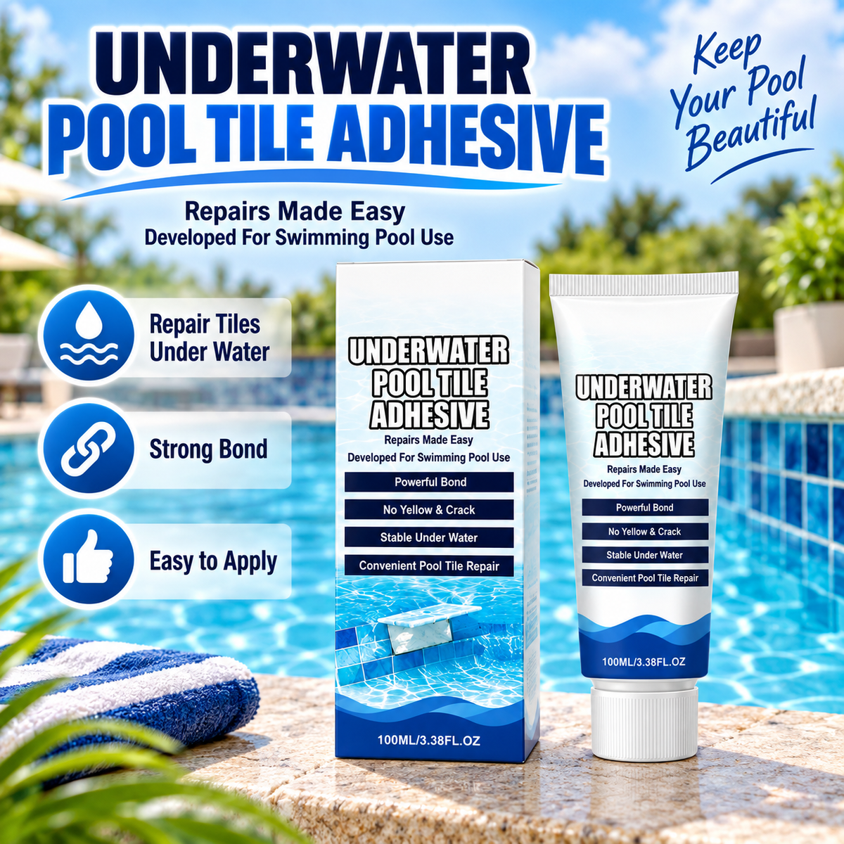 🔧 Pool Tile Repair Adhesive-Fix Loose & Cracked Tiles🍀