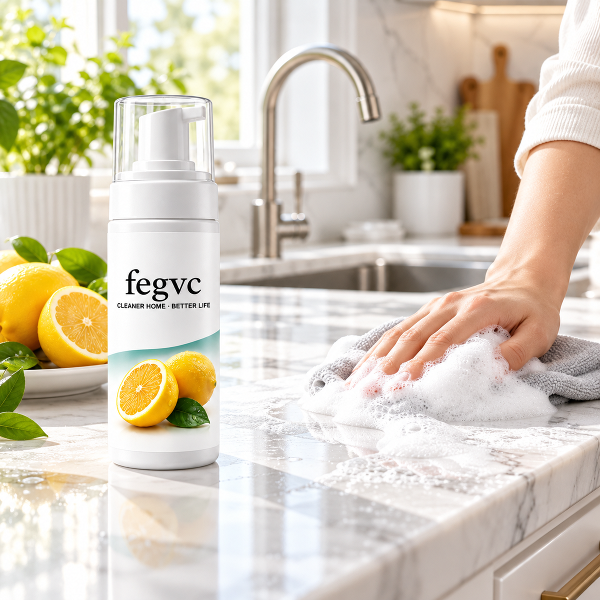 Person using foamy cloth on a kitchen counter beside fegvc bottle