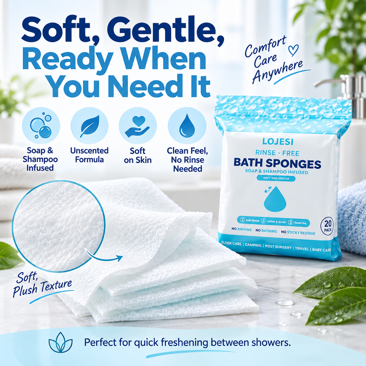 Soft rinse-free bath sponges with unscented packaging