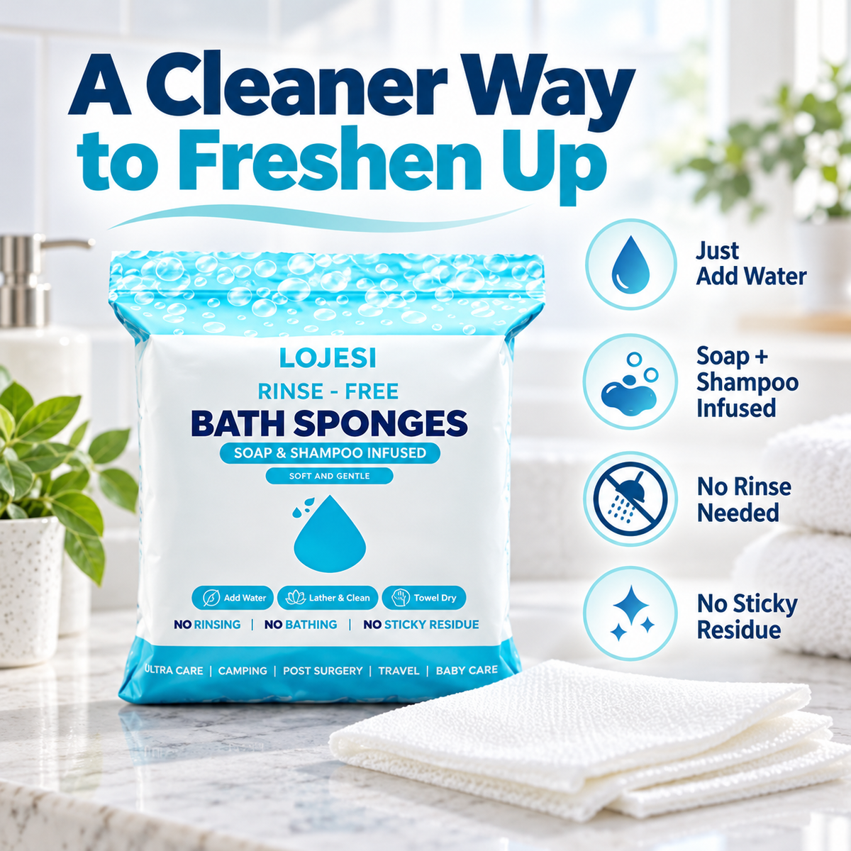 LOJESI rinse-free bath sponges water-activated lather and no-rinse cleaning benefits