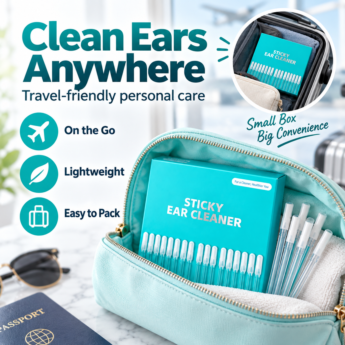 Sticky Ear Cleaner stored with travel essentials