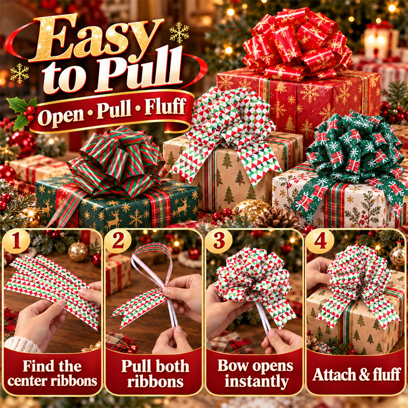 🎀Christmas Decorative Pull Bows--One Pull to a Full Bow, Festive Finishing Touch for Gifts🎁