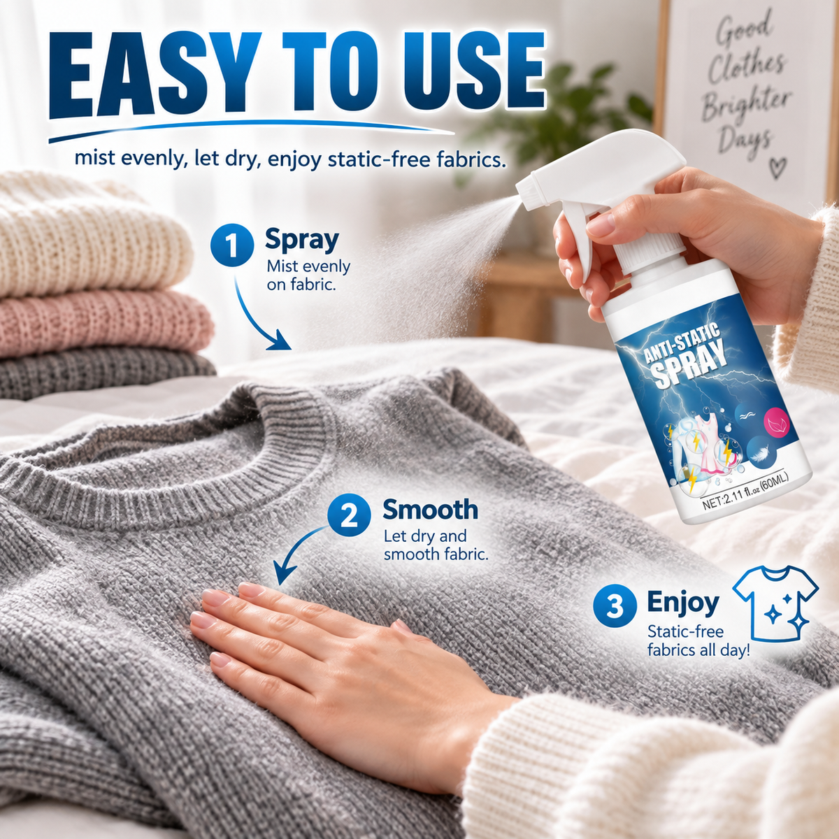 ANTI-STATIC SPRAY – CLOTHES, SWEATERS, DOWN JACKETS, BLANKETS & HAIR STATIC CONTROL SPRAY