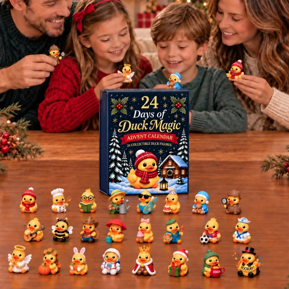 Family sharing a festive moment with the Duck Magic collection