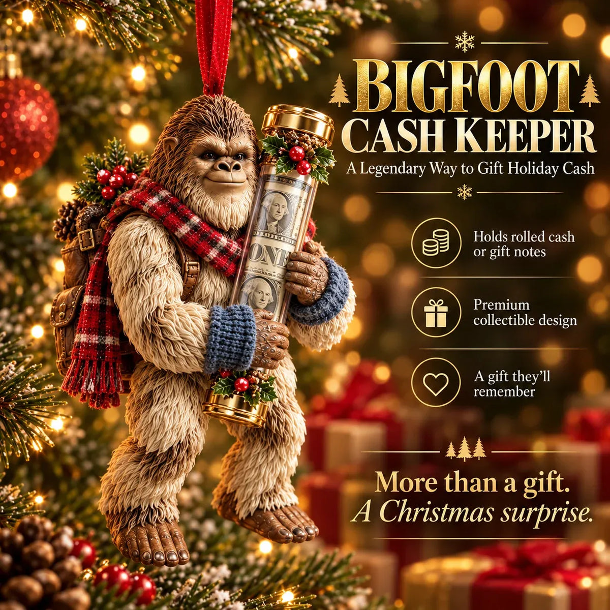 🎄👣 Bigfoot Cash Gift Ornament – 15 Holiday Styles