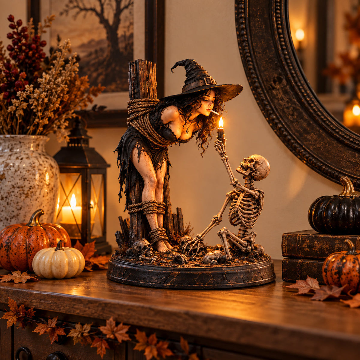 Witch & Skeleton Candle Scene Figurine – Dark Gothic Halloween Tabletop Decor⏳