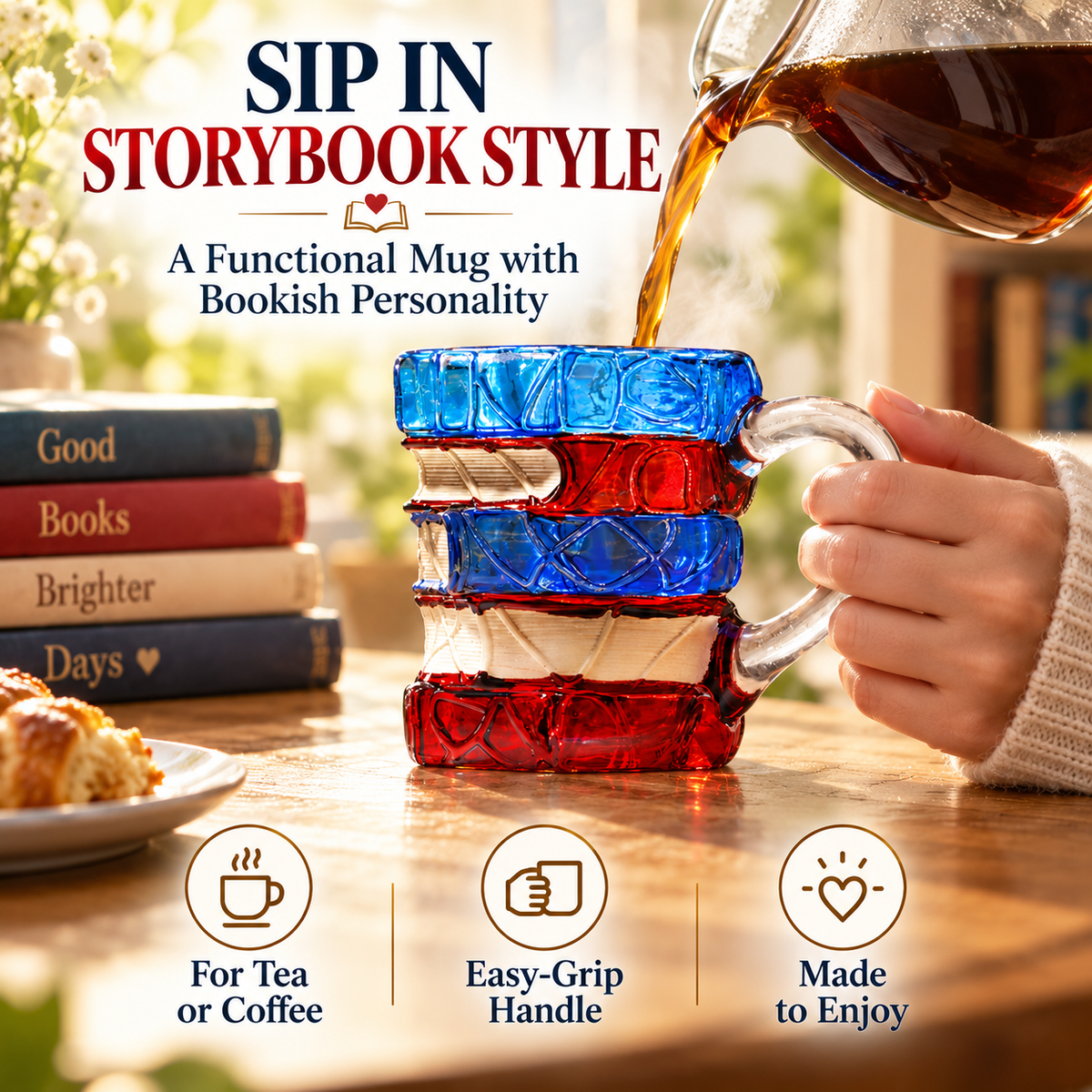 📚 Hand-Painted 3D Book Stack Glass Mug – Cozy Reader Gift, Only 7 Left ☕🍀