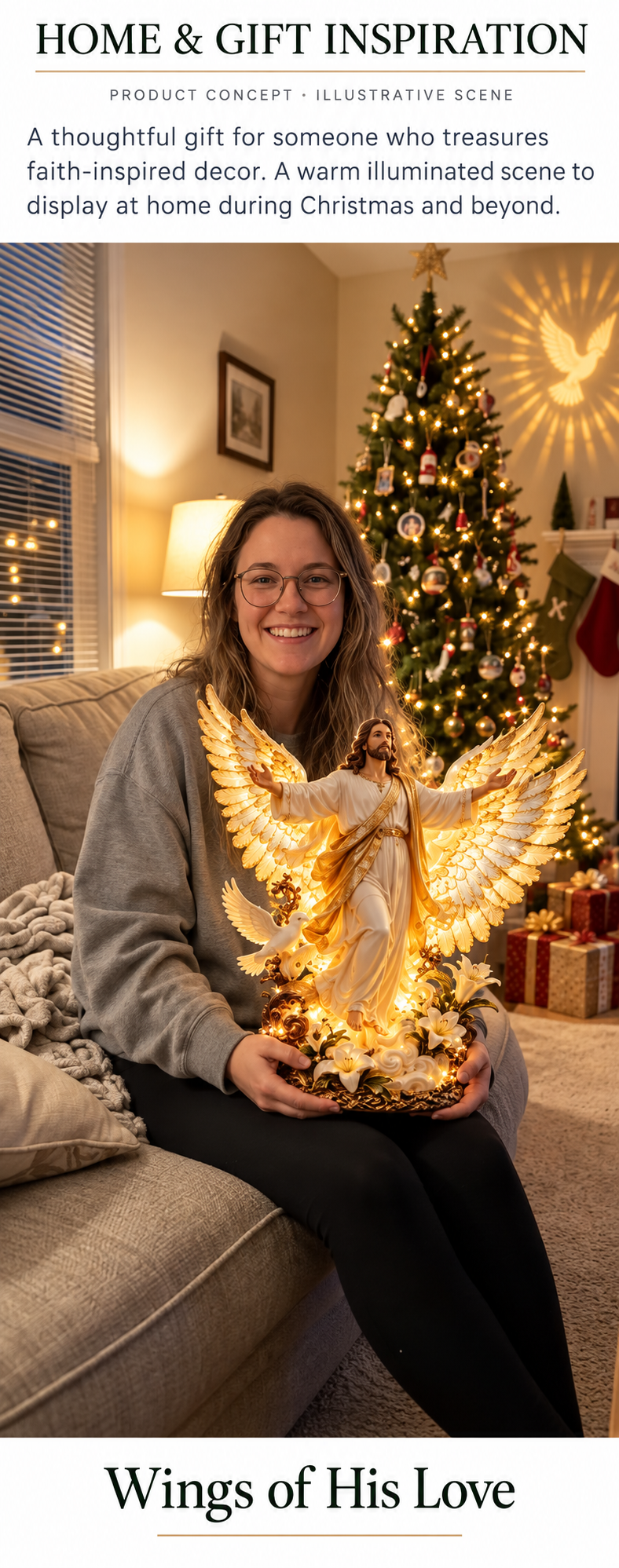 Illustrative Christmas gifting scene with a seated woman holding the Jesus sculpture