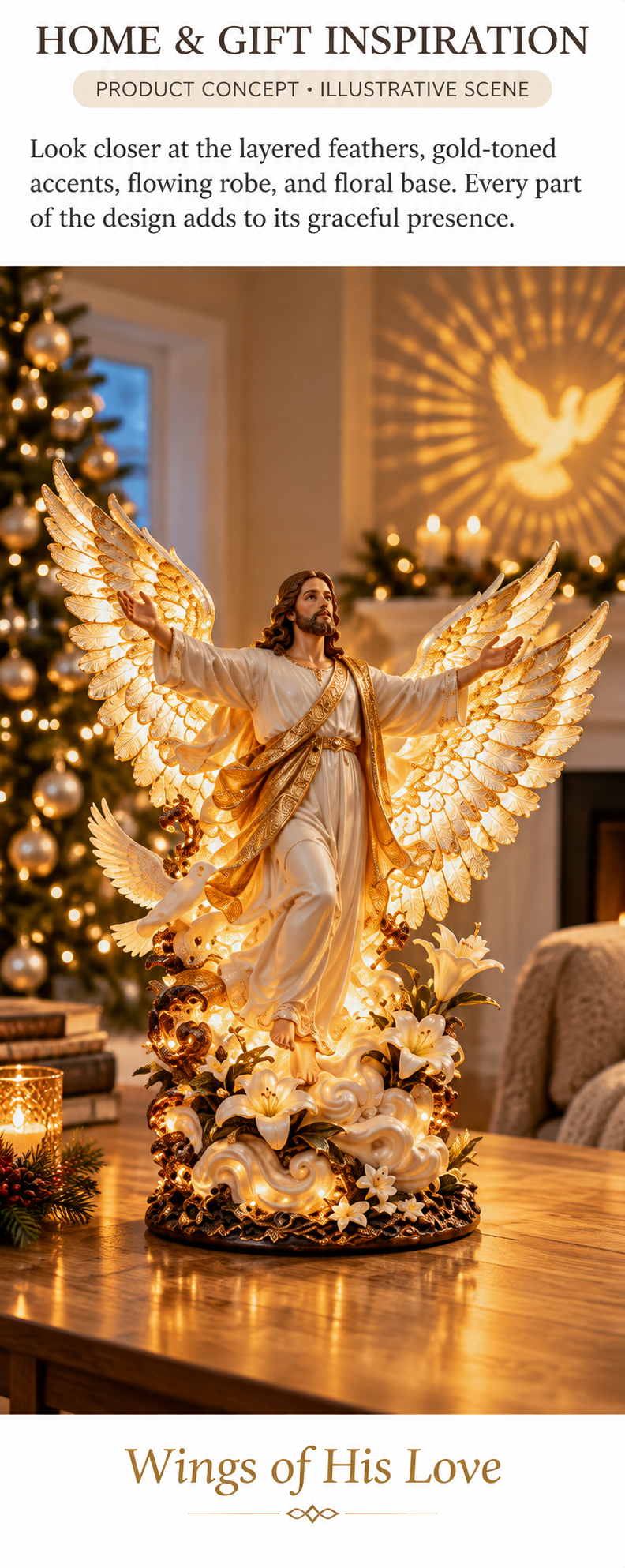Illustrative tabletop display highlighting the angel wings, robe, and floral base