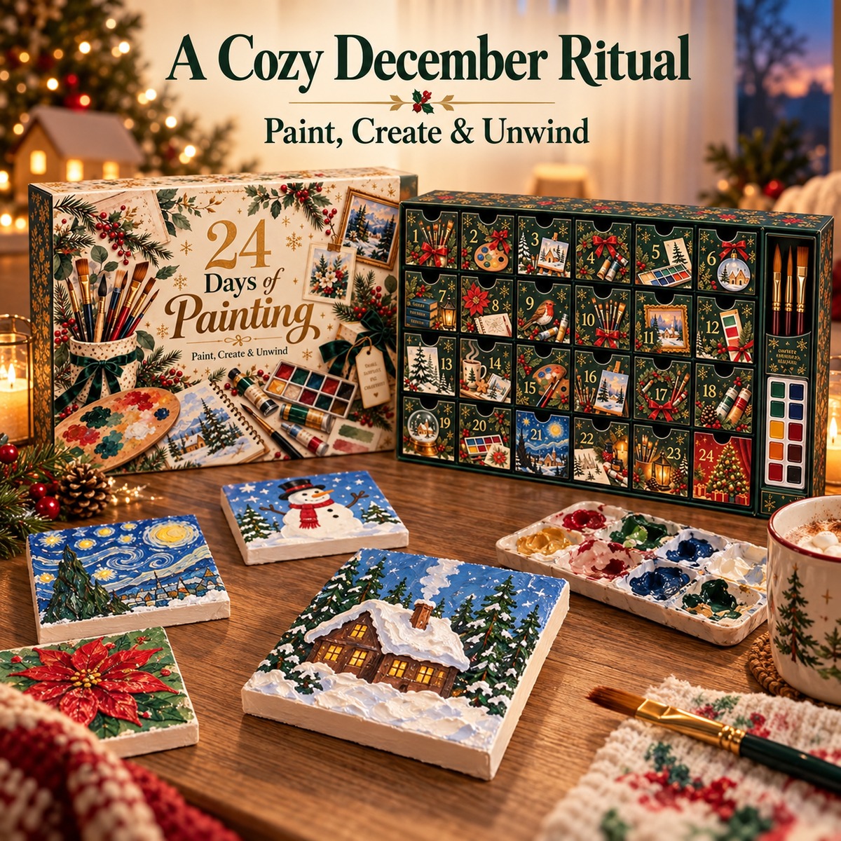 Painting advent calendar and miniature artworks on a cozy Christmas craft table