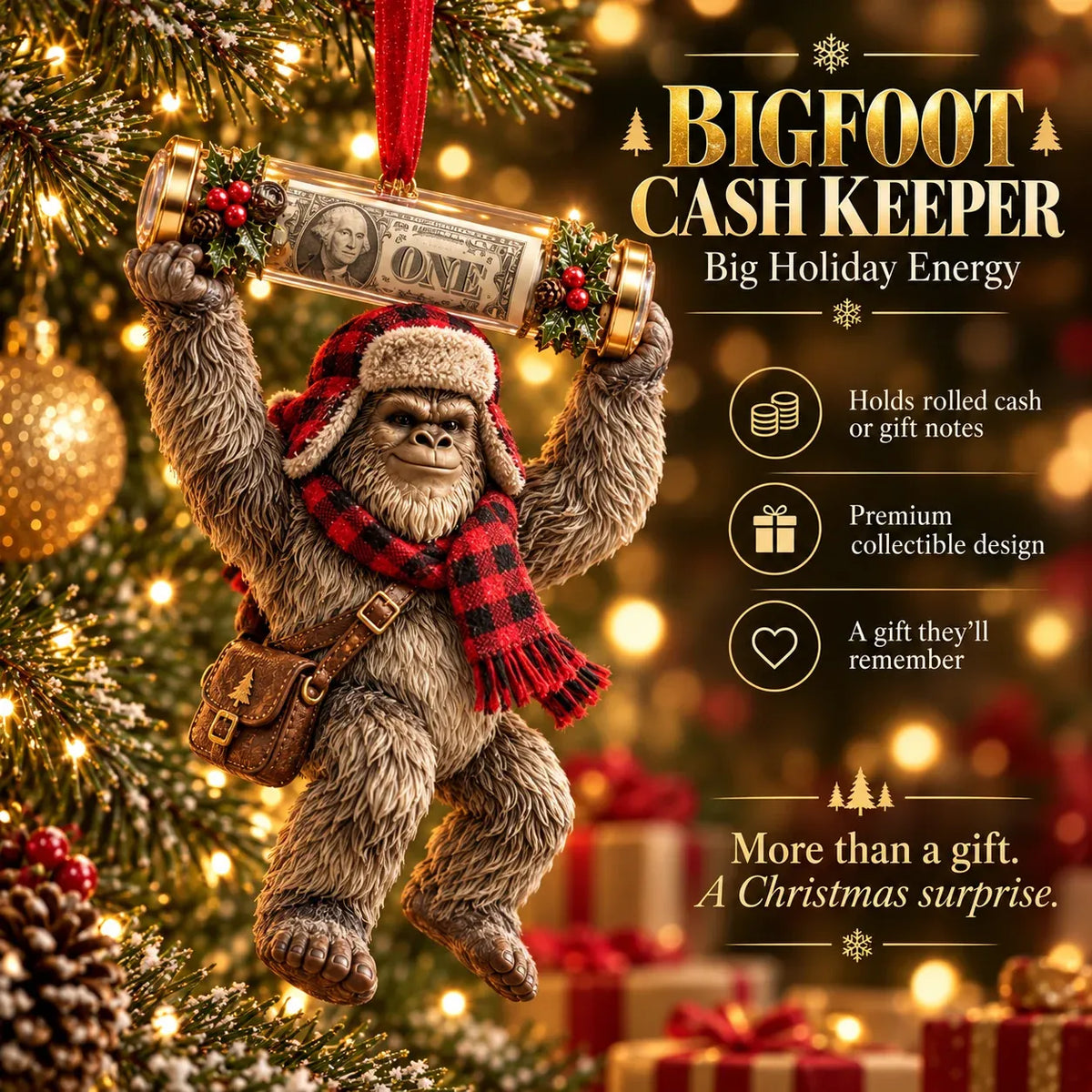 🎄👣 Bigfoot Cash Gift Ornament – 15 Holiday Styles
