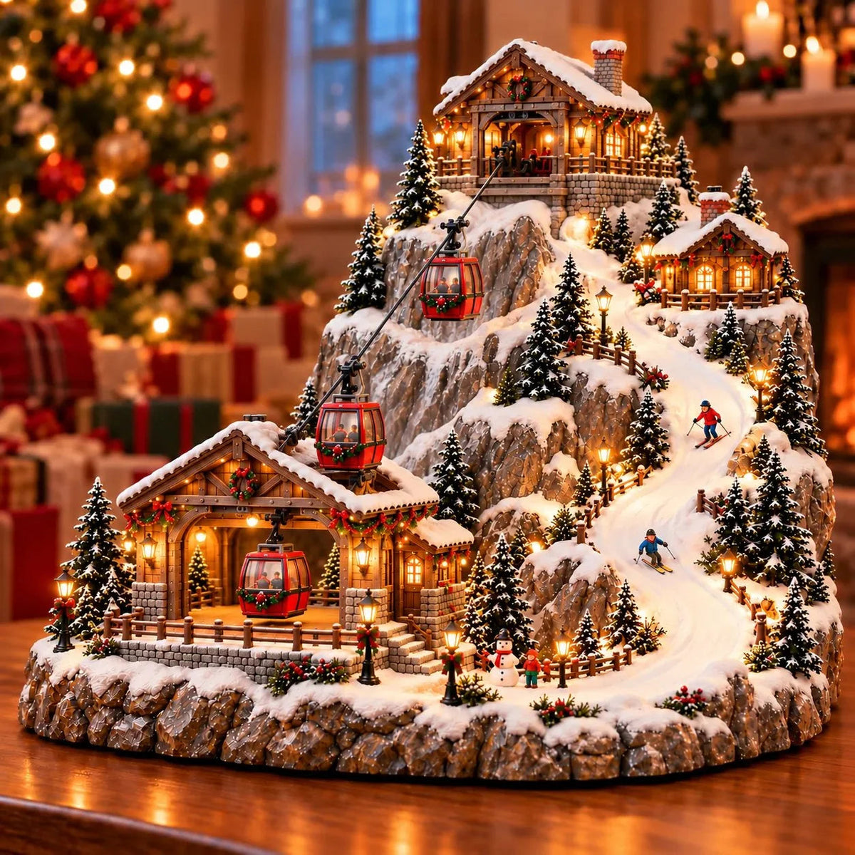 Animated Christmas Mountain Cable Car & Ski Village Scene ✨❄️