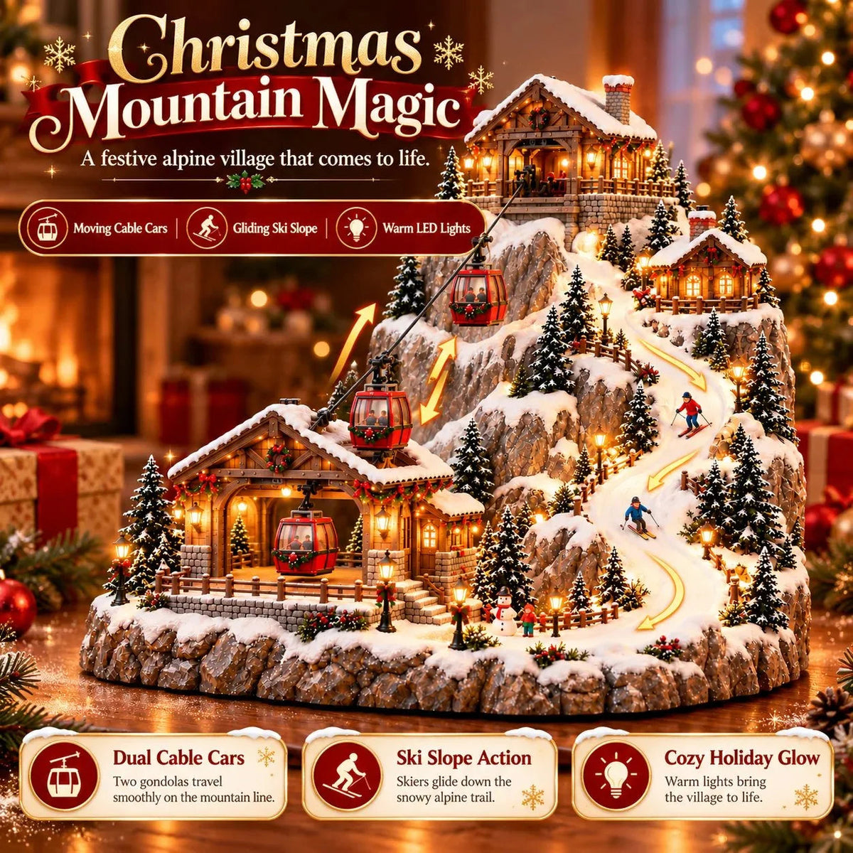 Animated Christmas Mountain Cable Car & Ski Village Scene ✨❄️