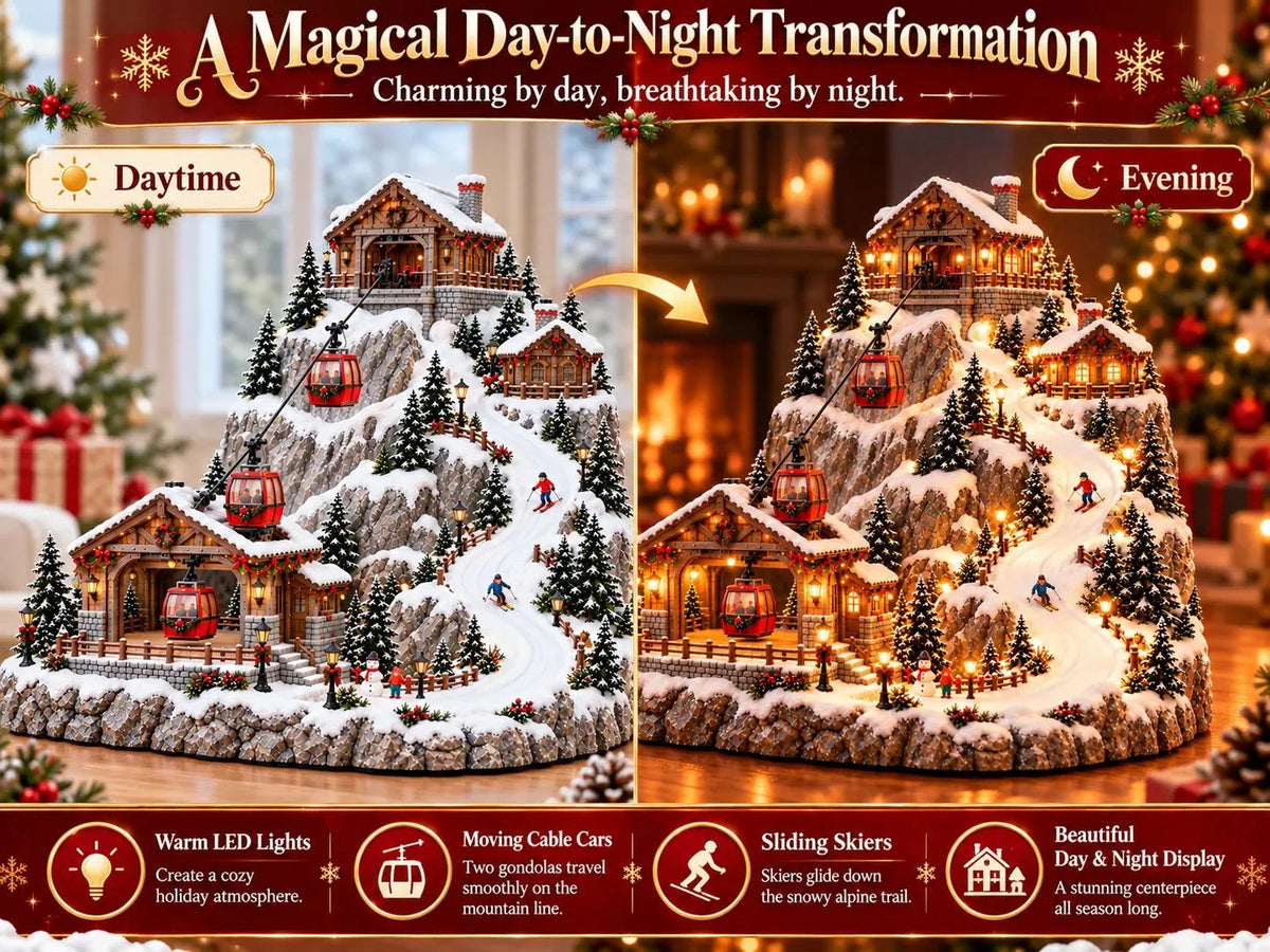Animated Christmas Mountain Cable Car & Ski Village Scene ✨❄️