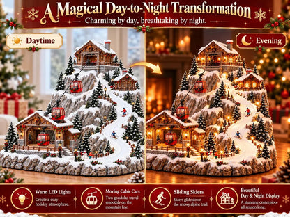 Animated Christmas Mountain Cable Car & Ski Village Scene ✨❄️