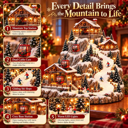 Animated Christmas Mountain Cable Car & Ski Village Scene ✨❄️