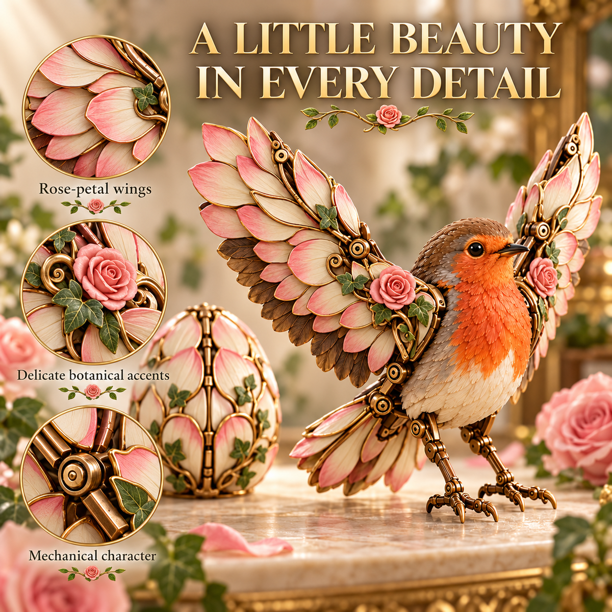 Rose-petal wing and mechanical styling details