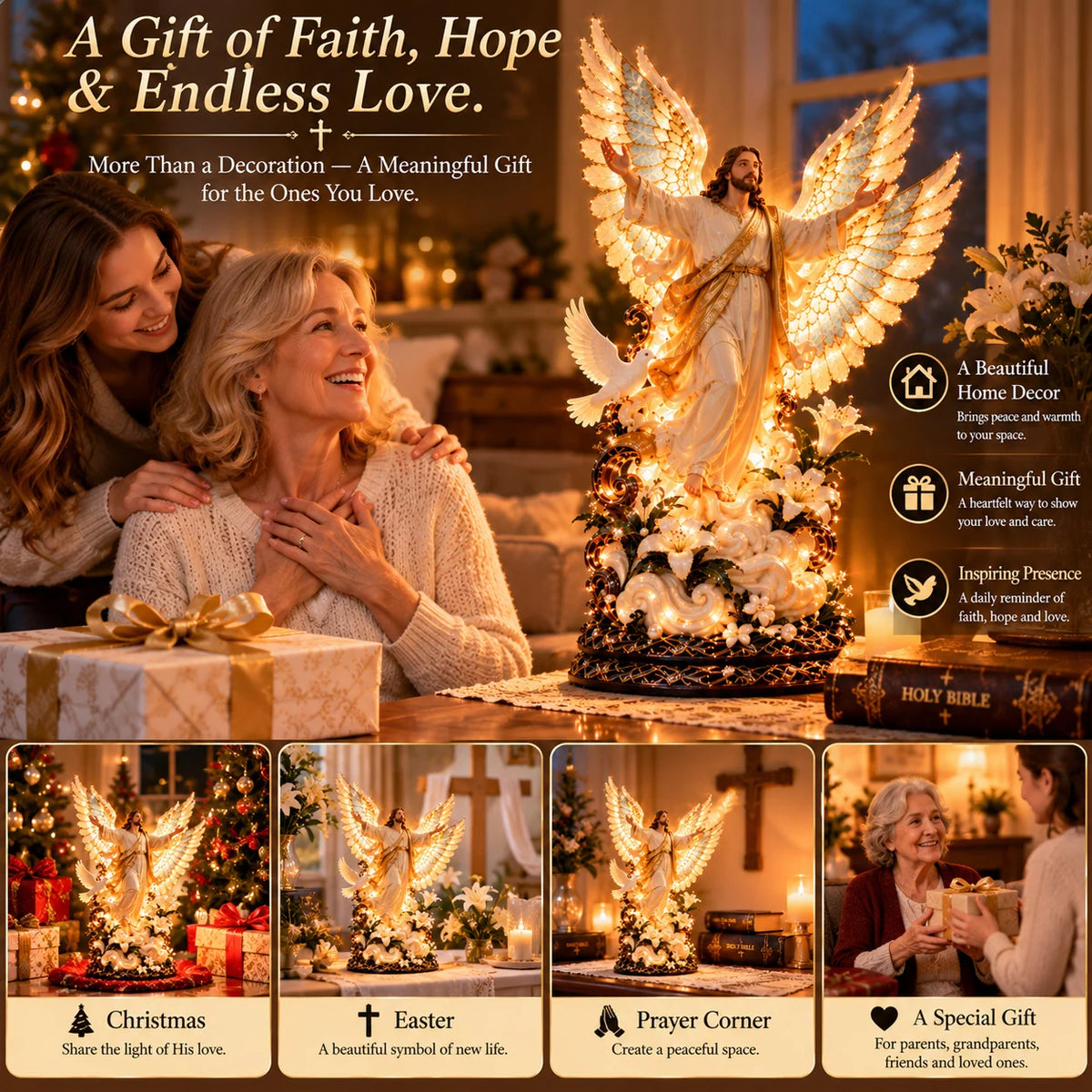 ✝️ Wings of His Love™ – Lighted Jesus Sculpture with Angel Wings & Dove Projection 🕊️