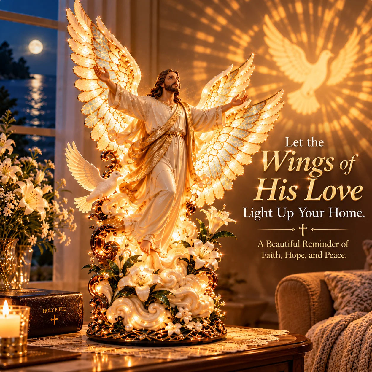 Wings of His Love illuminated sculpture displayed in a warmly lit home