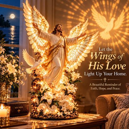 ✝️ Wings of His Love™ – Lighted Jesus Sculpture with Angel Wings & Dove Projection 🕊️