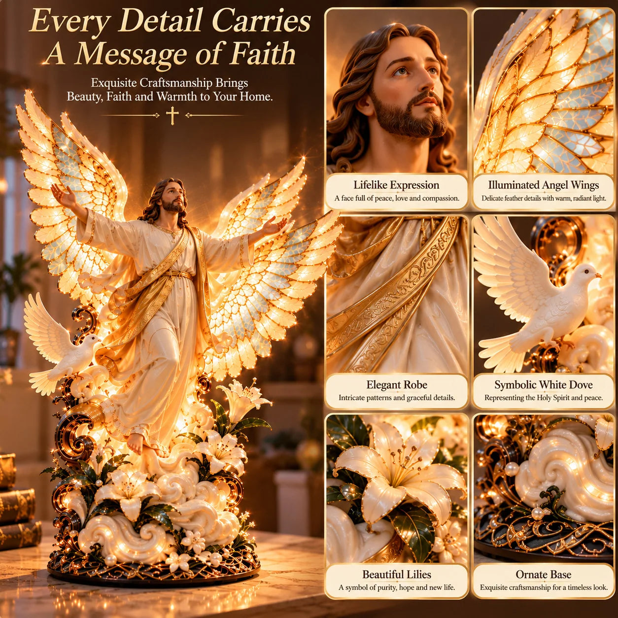 Close-up views of the Jesus figure, layered angel wings, white dove, lilies, and decorative base