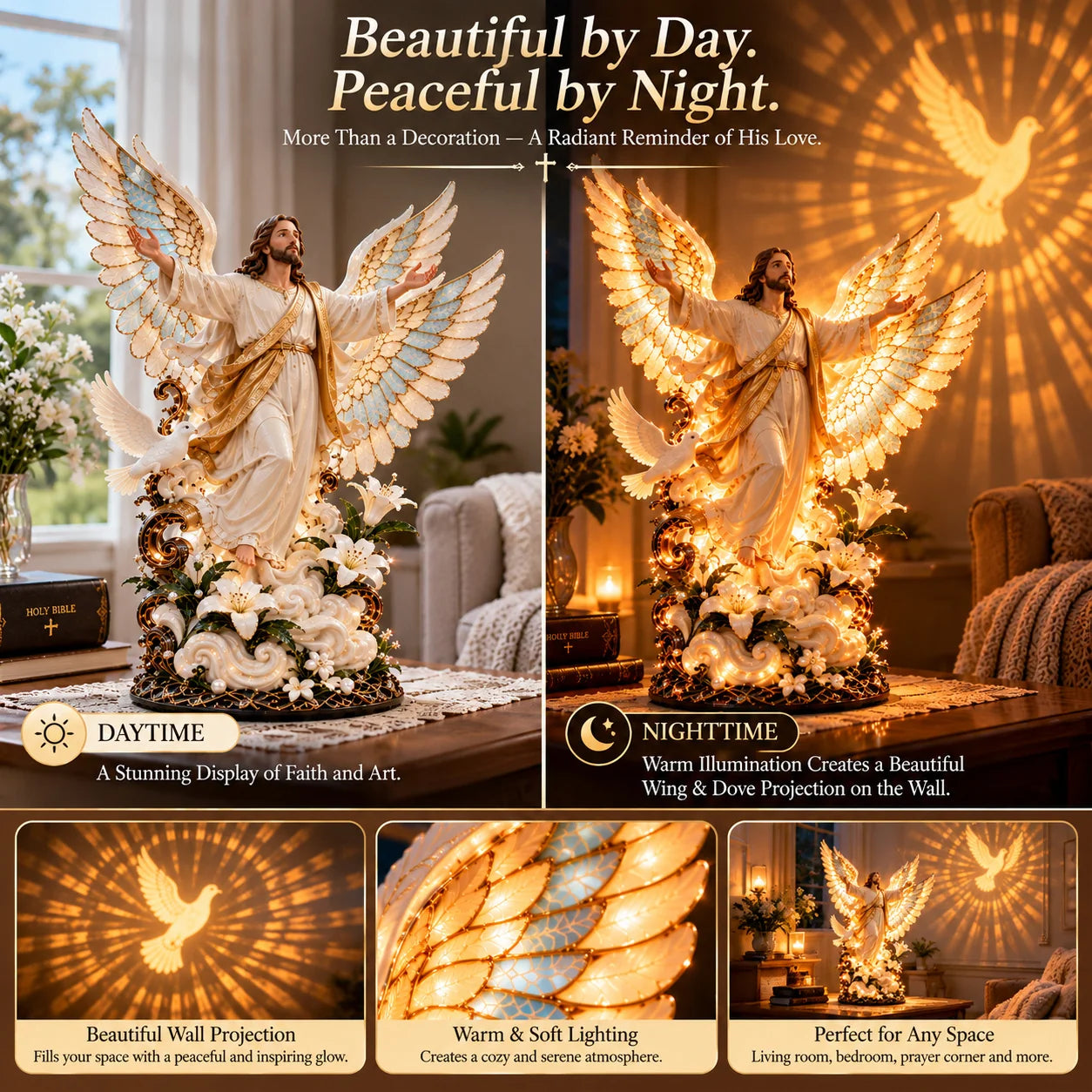 Daytime and evening display examples of the illuminated Jesus and angel wings sculpture