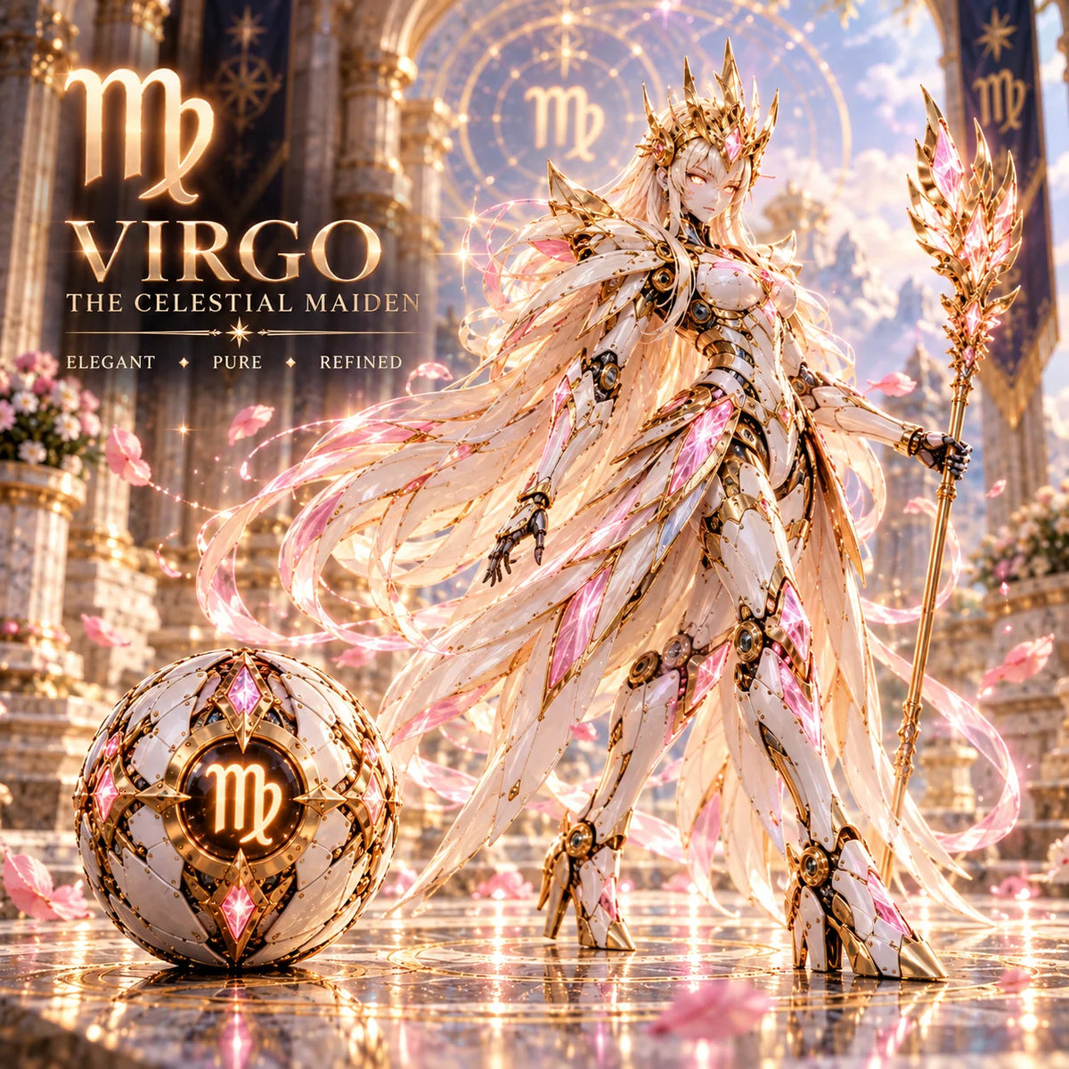 Virgo celestial maiden with pink crystal accents