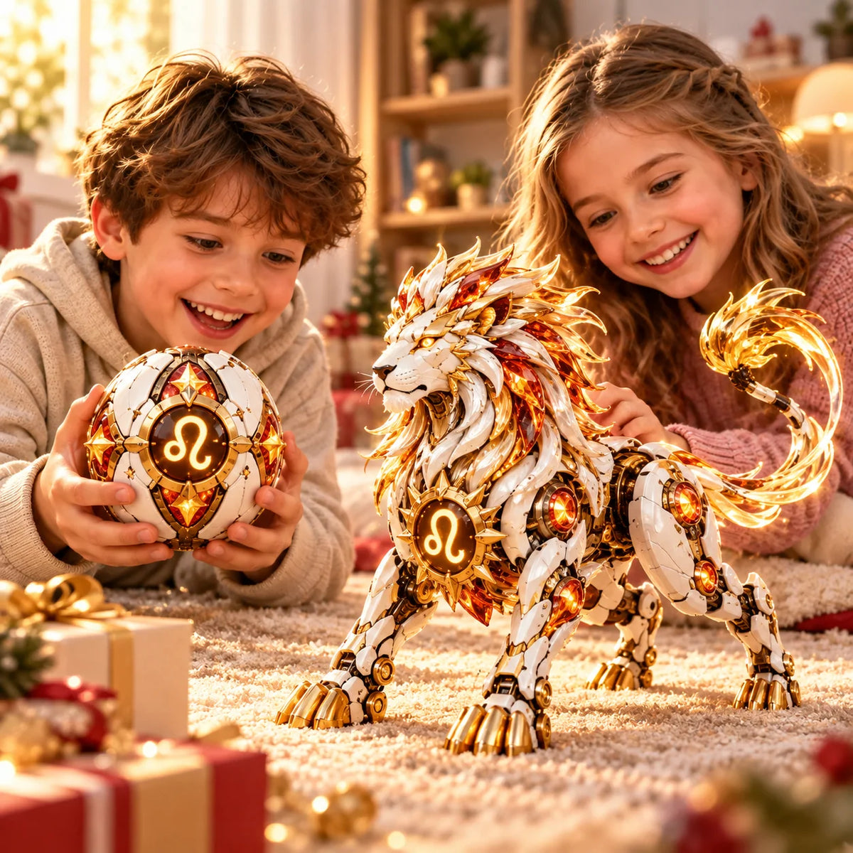 Two children enjoying Leo celestial guardian toys as gifts