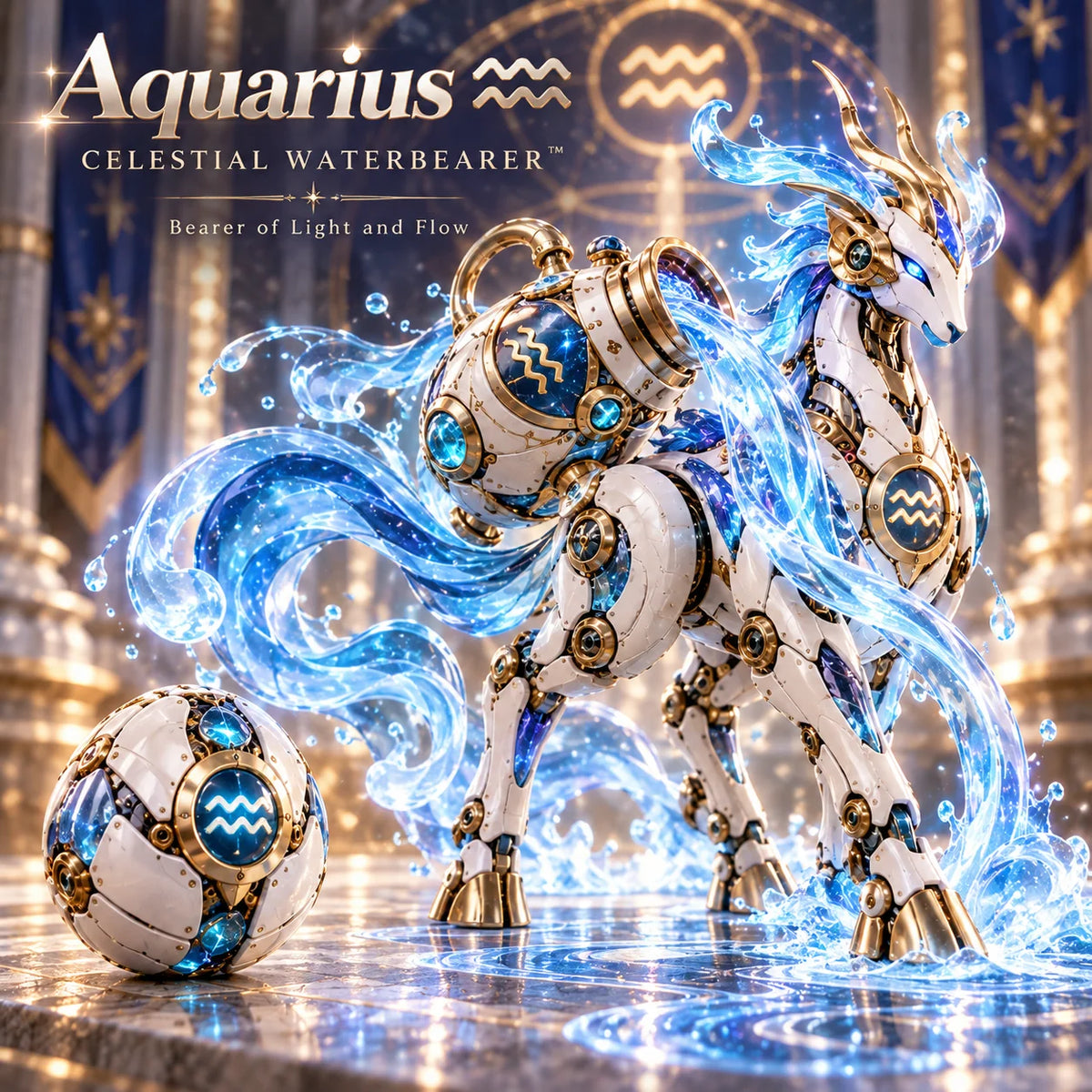 Aquarius guardian concept with a water-vessel motif and artistic blue water effects