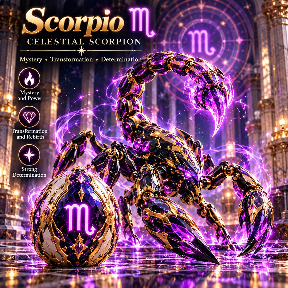 Scorpio guardian concept with violet armor, curved tail, pincers, and matching zodiac egg