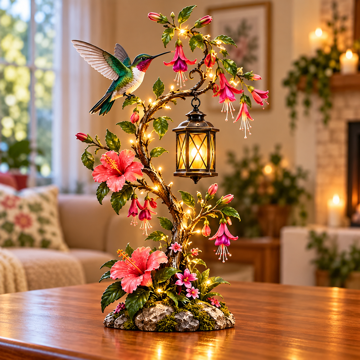 🌺 Hummingbird Garden Lantern Light | Lighted Floral Table Decor