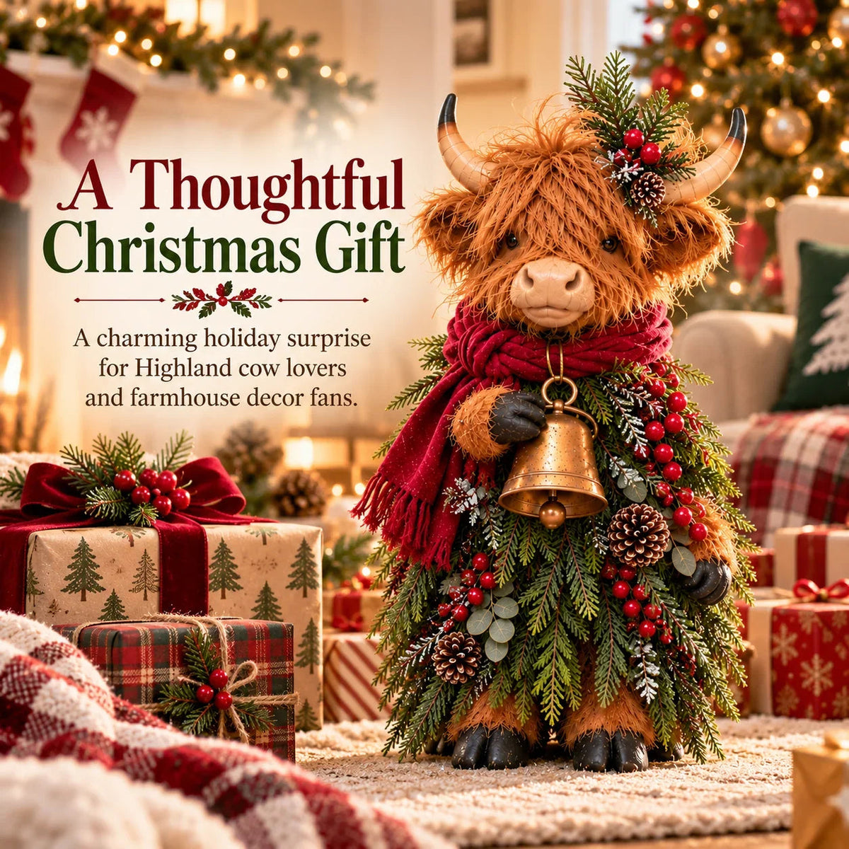 🔥LAST DAY 49% OFF🐮  Christmas Highland Cow with Bell 🎄