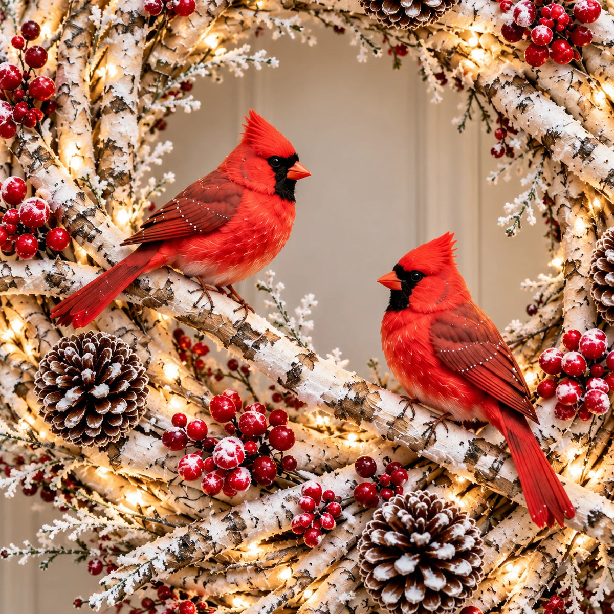 🔥 LAST DAY 49% OFF 🔥 Snowy Birch Cardinal Wreath™ – Lighted Christmas Door Wreath with Paired Red Cardinals, Berries & Pinecones ❤️🎄✨
