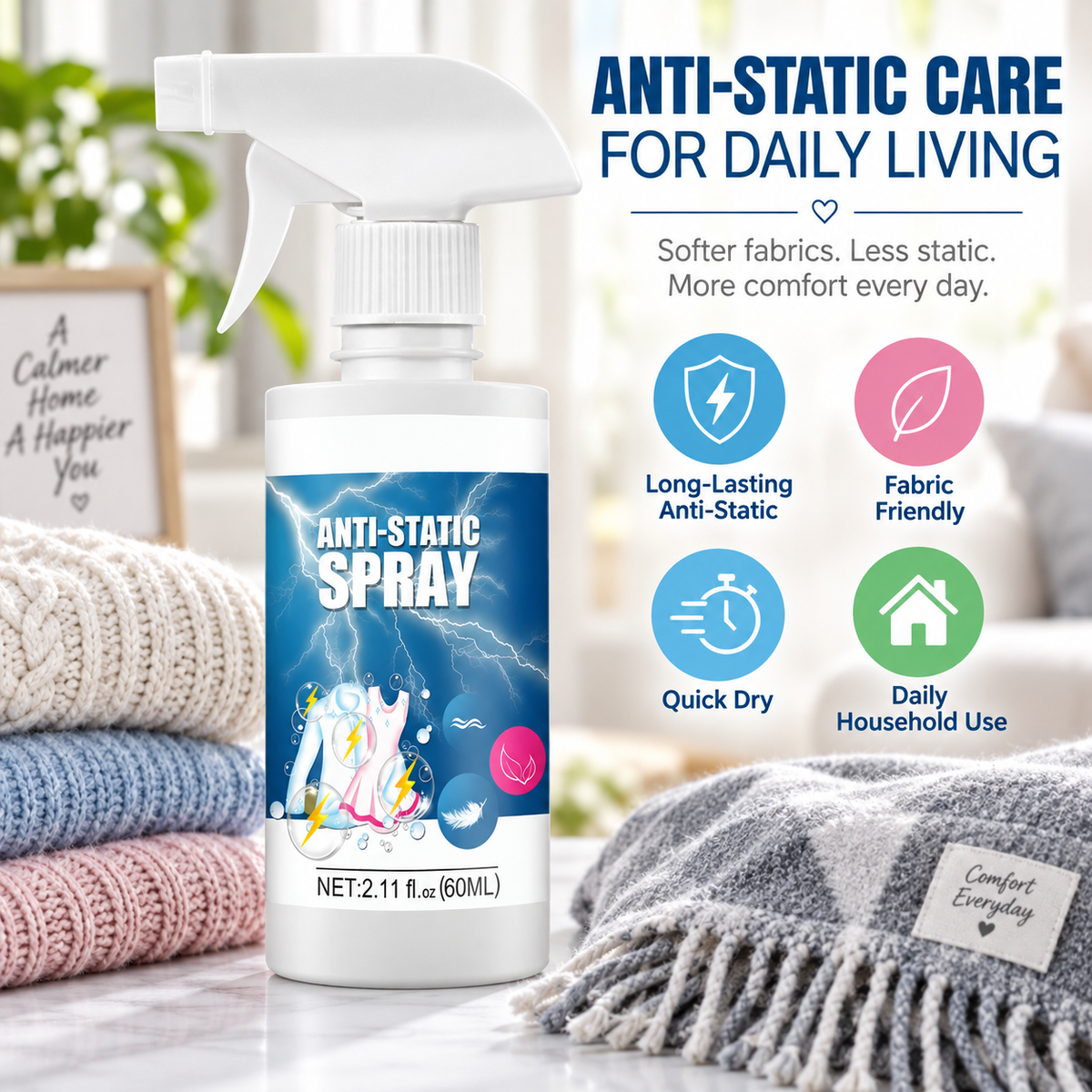ANTI-STATIC SPRAY – CLOTHES, SWEATERS, DOWN JACKETS, BLANKETS & HAIR STATIC CONTROL SPRAY