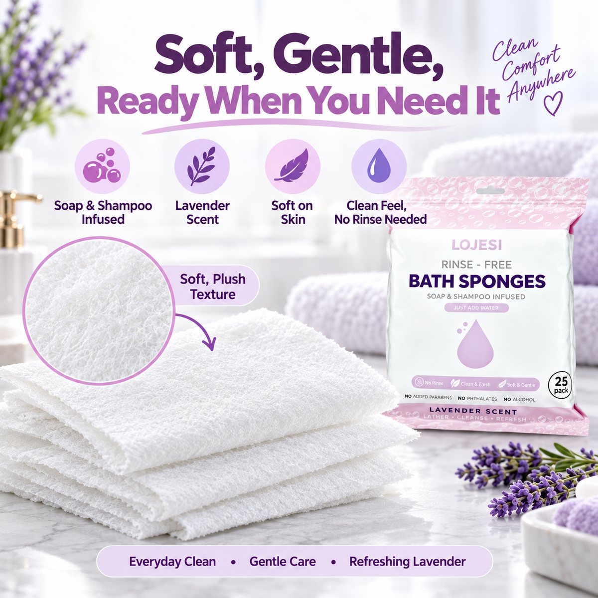 Close-up of lavender bath sponge texture and cleansing features