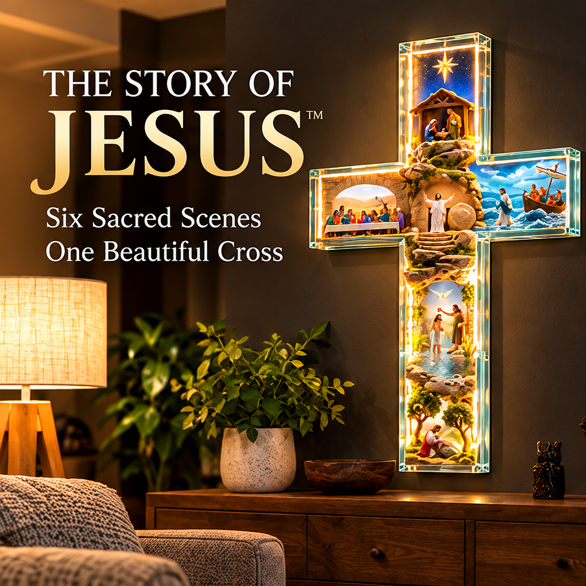 🙏✝️ The Story of Jesus LED Cross Lamp ✨ 6 Biblical Scenes & Meaningful Christian Gift❄️