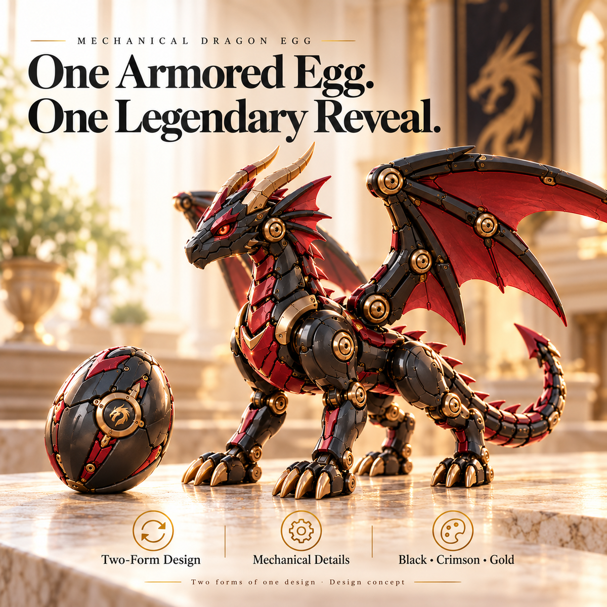 🔥LAST DAY 49% OFF -🐉 Mechanical Dragon Egg – Black & Crimson Dragon with Folding Wings & Armored Details⏳