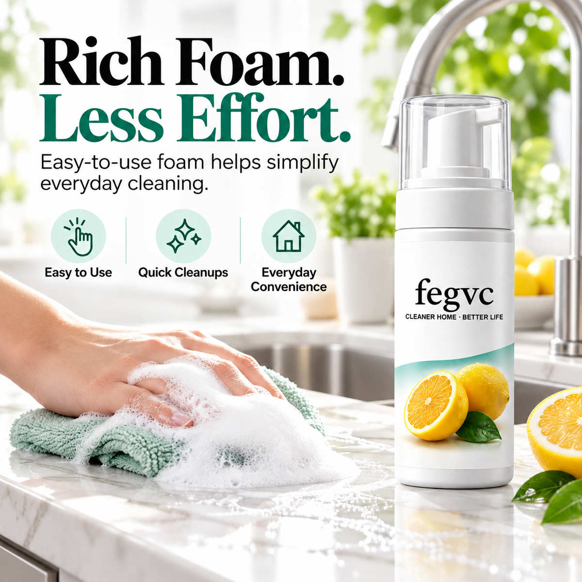Rich foam being wiped from a kitchen counter beside fegvc cleaner