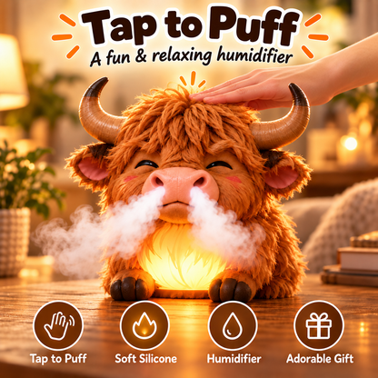 🌈 Highland Cow Huff™🐮 – Tap-to-Puff Humidifier & Colorful Night Light 💡💨