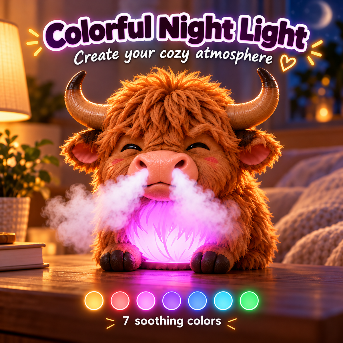 🌈 Highland Cow Huff™🐮 – Tap-to-Puff Humidifier & Colorful Night Light 💡💨