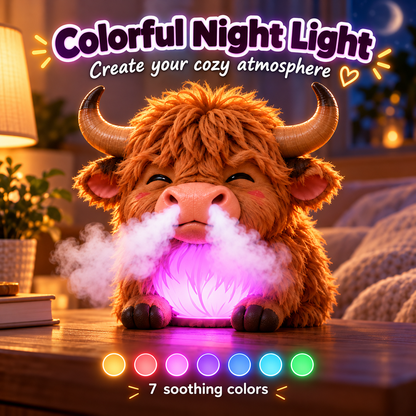 🌈 Highland Cow Huff™🐮 – Tap-to-Puff Humidifier & Colorful Night Light 💡💨