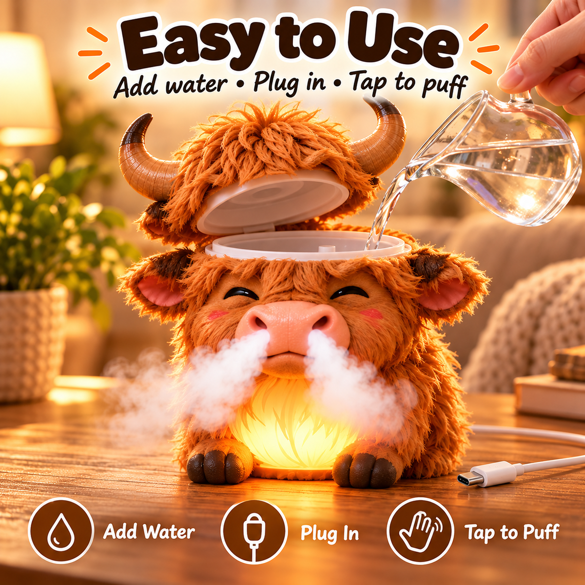 🌈 Highland Cow Huff™🐮 – Tap-to-Puff Humidifier & Colorful Night Light 💡💨