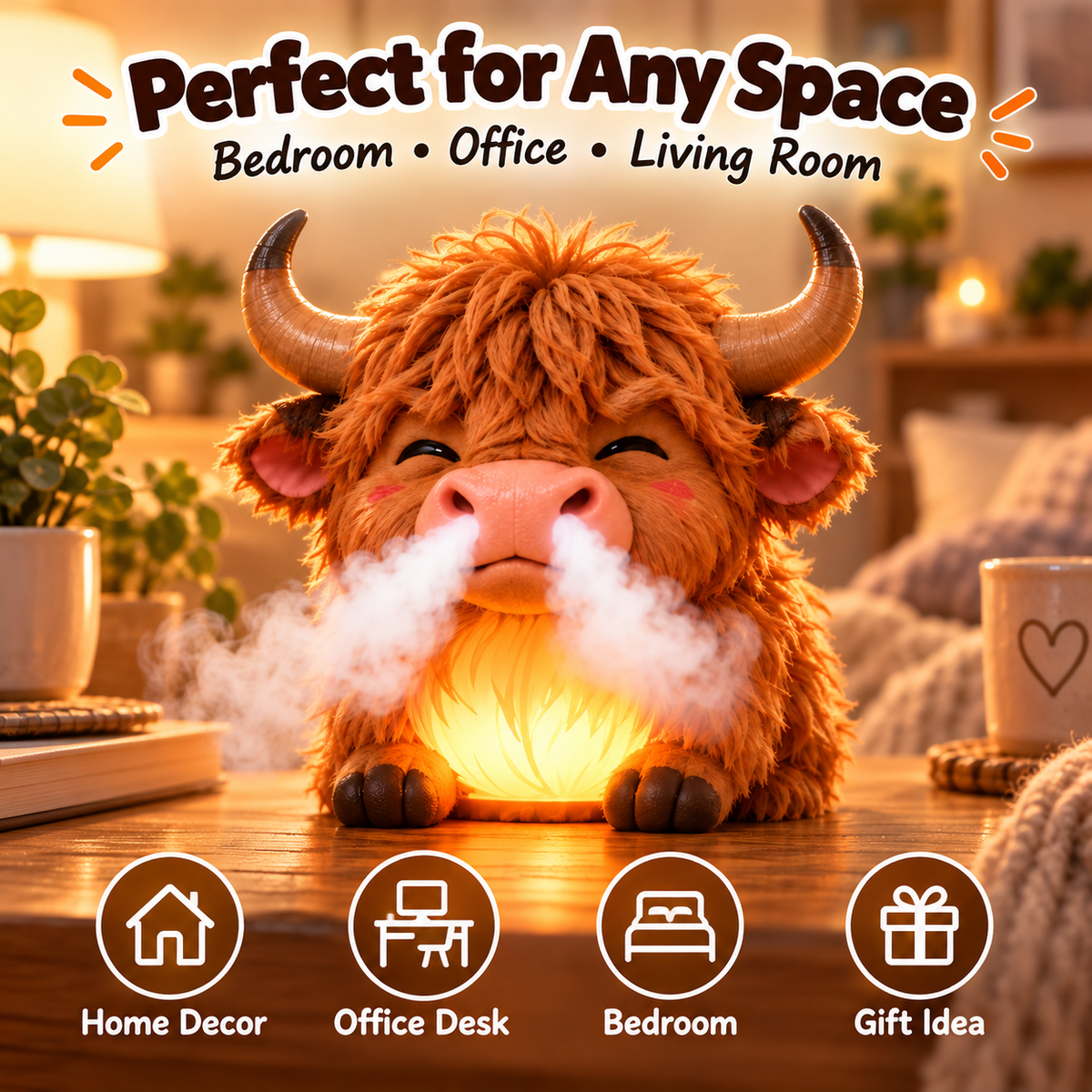 🌈 Highland Cow Huff™🐮 – Tap-to-Puff Humidifier & Colorful Night Light 💡💨