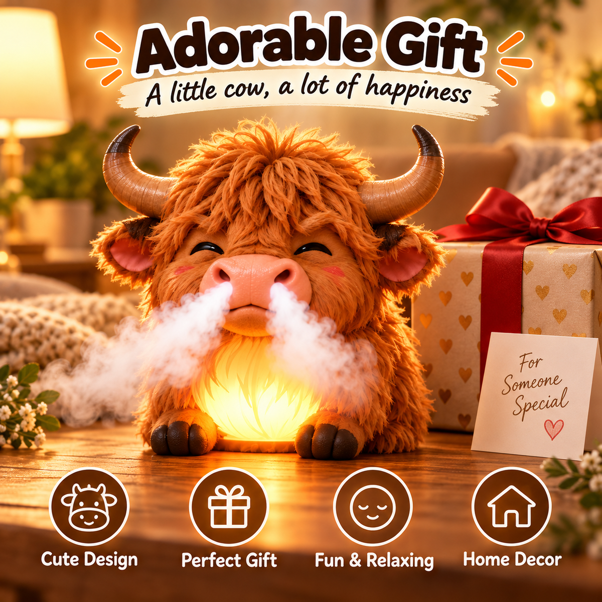 🌈 Highland Cow Huff™🐮 – Tap-to-Puff Humidifier & Colorful Night Light 💡💨