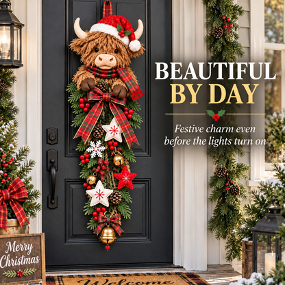 🔥Last Day 49% OFF🔥 Lighted Highland Cow Christmas Door Swag – A Cozy Holiday Welcome