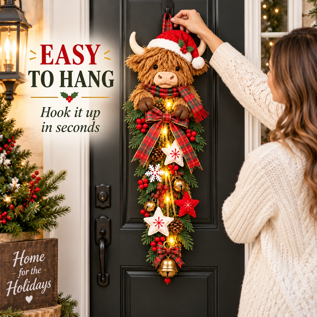 🔥Last Day 49% OFF🔥 Lighted Highland Cow Christmas Door Swag – A Cozy Holiday Welcome